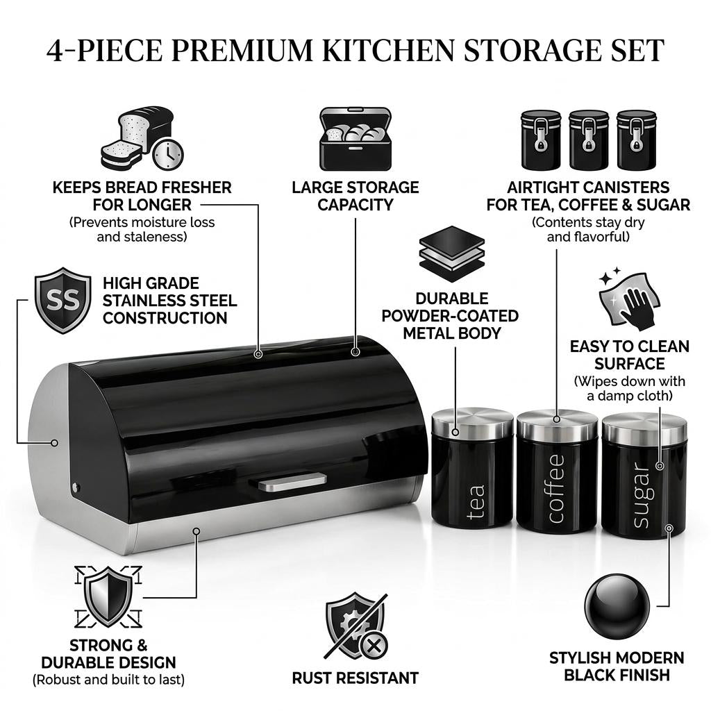 4 Piece Stainless Steel Bread Bin with Tea Coffee Sugar Canister Set Black Powder Coated Kitchen Storage Containers Modern Countertop Food Storage & Kitchen Organisation