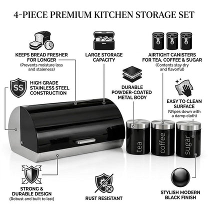 4 Piece Stainless Steel Bread Bin with Tea Coffee Sugar Canister Set Black Powder Coated Kitchen Storage Containers Modern Countertop Food Storage & Kitchen Organisation