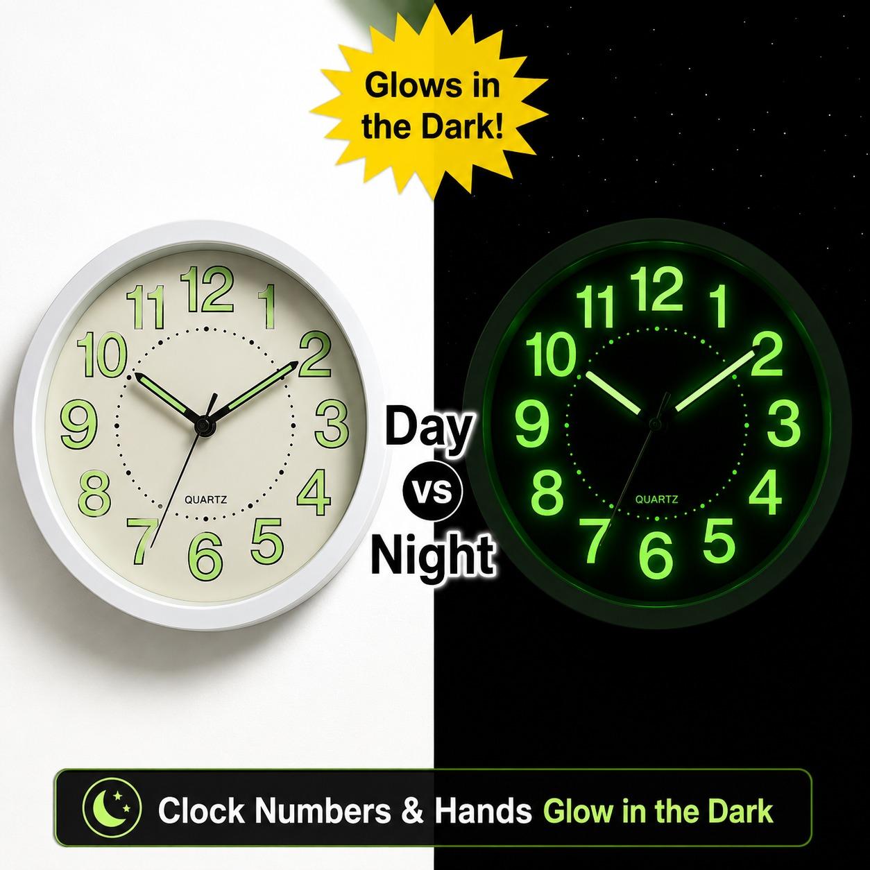 Glow in the Dark Wall Clock 30cm Luminous Numbers & Hands Silent Bedroom Clock Stylish Home Décor AA Battery UK