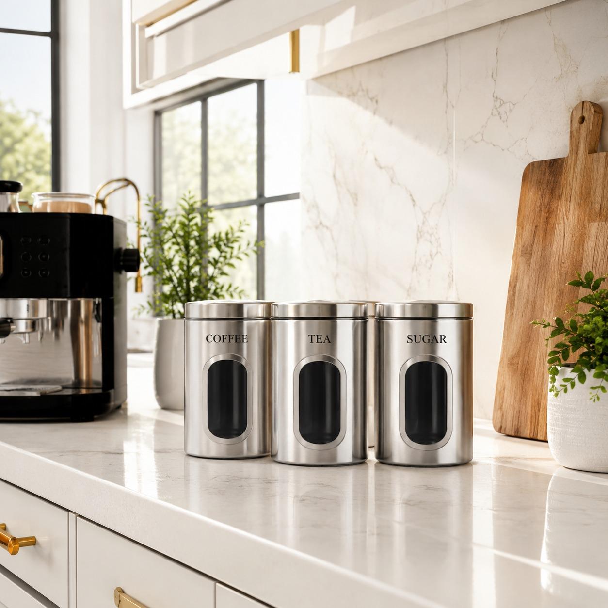 3 Piece Stainless Steel Kitchen Storage Canister Set with Lids 1.5L Coffee Tea Sugar Storage Containers Powder Coated Metal Kitchen Storage Jars