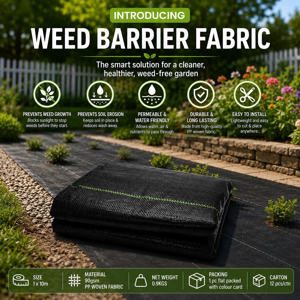 Heavy Duty Weed Barrier Fabric 1x10m 90gsm Ground Cover Membrane for Garden Landscaping Gravel Paths Patio Flower Beds
