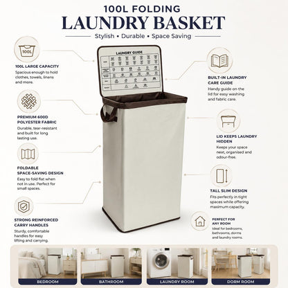 100L Laundry Basket with Lid Foldable Clothes Hamper Large Laundry Storage Basket with Bamboo Handles 44 x 33 x 70cm