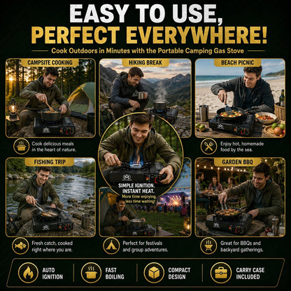 Portable Camping Gas Stove with Automatic Piezo Ignition Lightweight Butane Gas Cooker Outdoor Camping Stove with Carry Case for Hiking BBQ Fishing Picnic Travel 36 × 31 × 9 cm