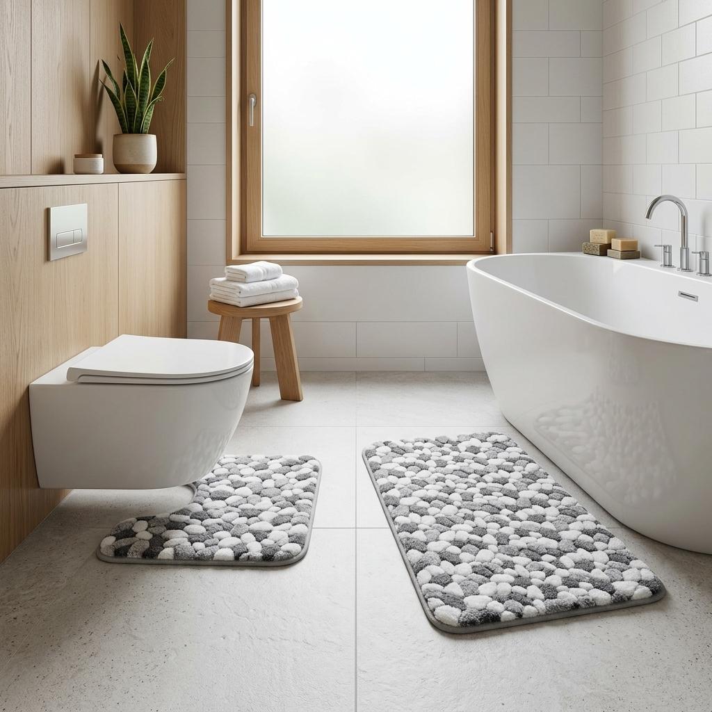 2 Piece Pebble Stone Bath Mat Set, Soft Polyester Bathroom Rugs, Non-Slip Style Bath Mat Set 50x80cm & 50x40cm
