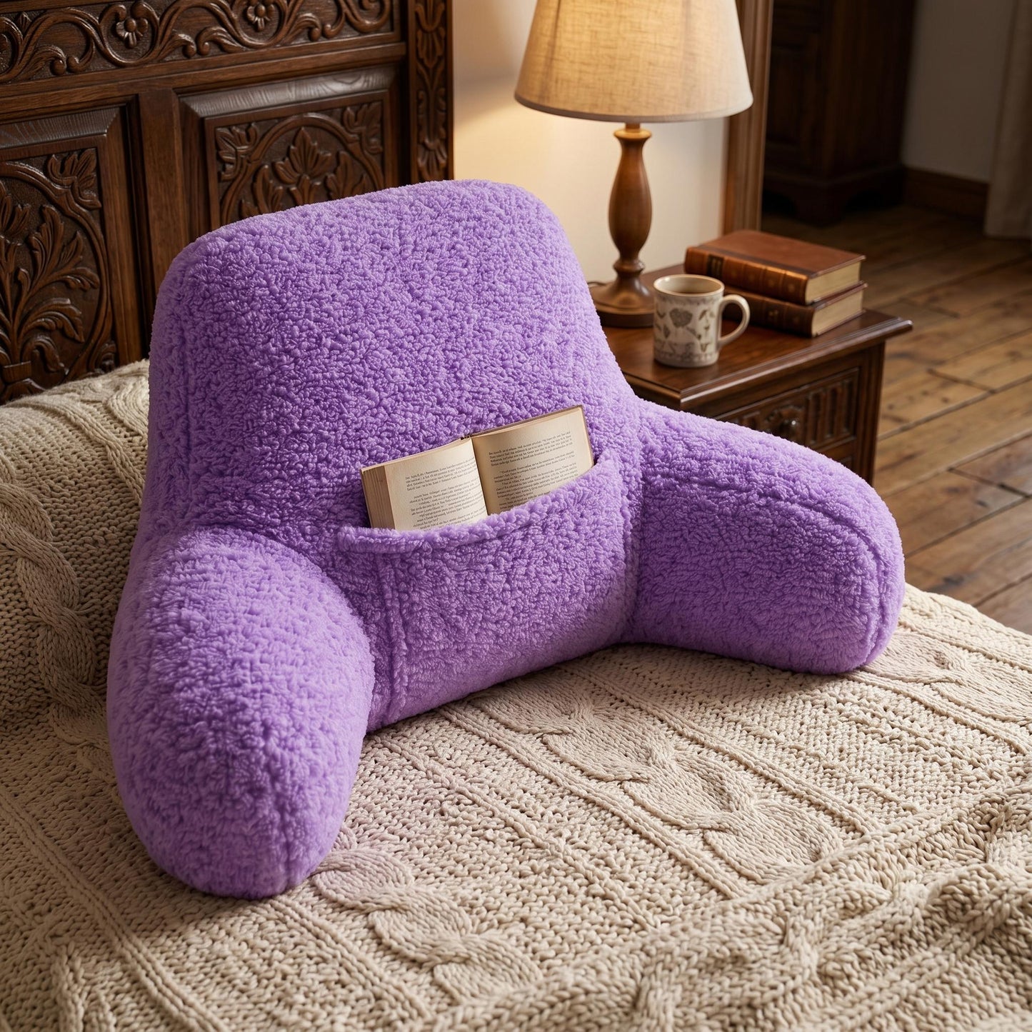 Plush Teddy Fleece Reading Pillow with Armrests & Pocket – Soft Backrest Cushion