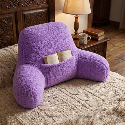 Plush Teddy Fleece Reading Pillow with Armrests & Pocket – Soft Backrest Cushion