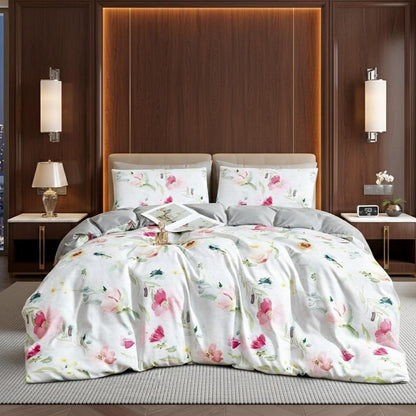 Floral Duvet Cover Set 3 Piece Double & King Size Soft Microfiber Bedding Set with 2 Pillowcases Floral Bed Linen Quilt Cover UK