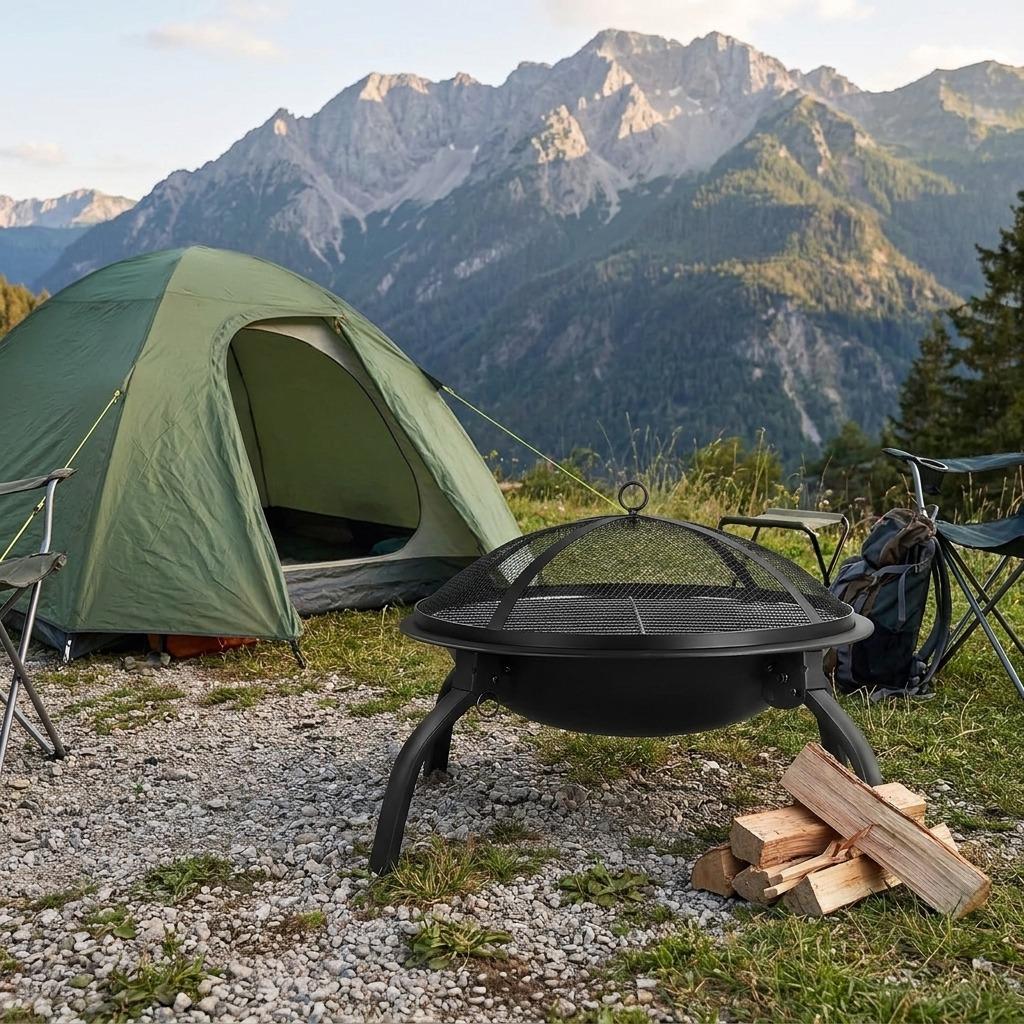 Round Foldable Fire Pit with Grill – Portable Outdoor Fire Bowl BBQ with Mesh Spark Guard, Steel Patio Heater for Garden, Camping & Beach