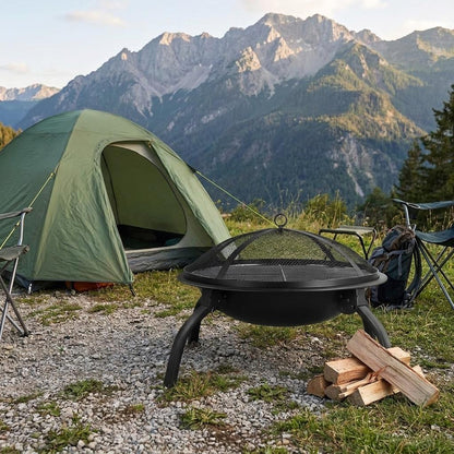 Round Foldable Fire Pit with Grill – Portable Outdoor Fire Bowl BBQ with Mesh Spark Guard, Steel Patio Heater for Garden, Camping & Beach