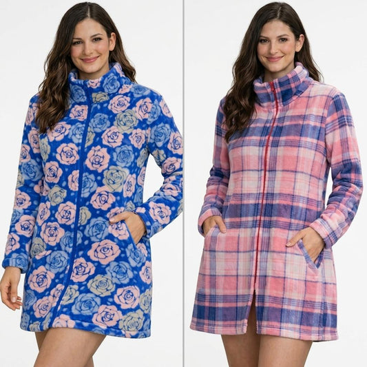 Ladies Tartan Check Fleece Dressing Gown Zip Up Housecoat Warm Robe with Pockets for Women