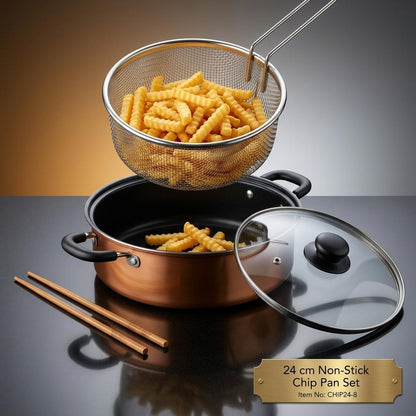 24cm Non-Stick Deep Fryer Pan Set with Basket, Glass Lid & Chopsticks Multi-Purpose Cooking Pot