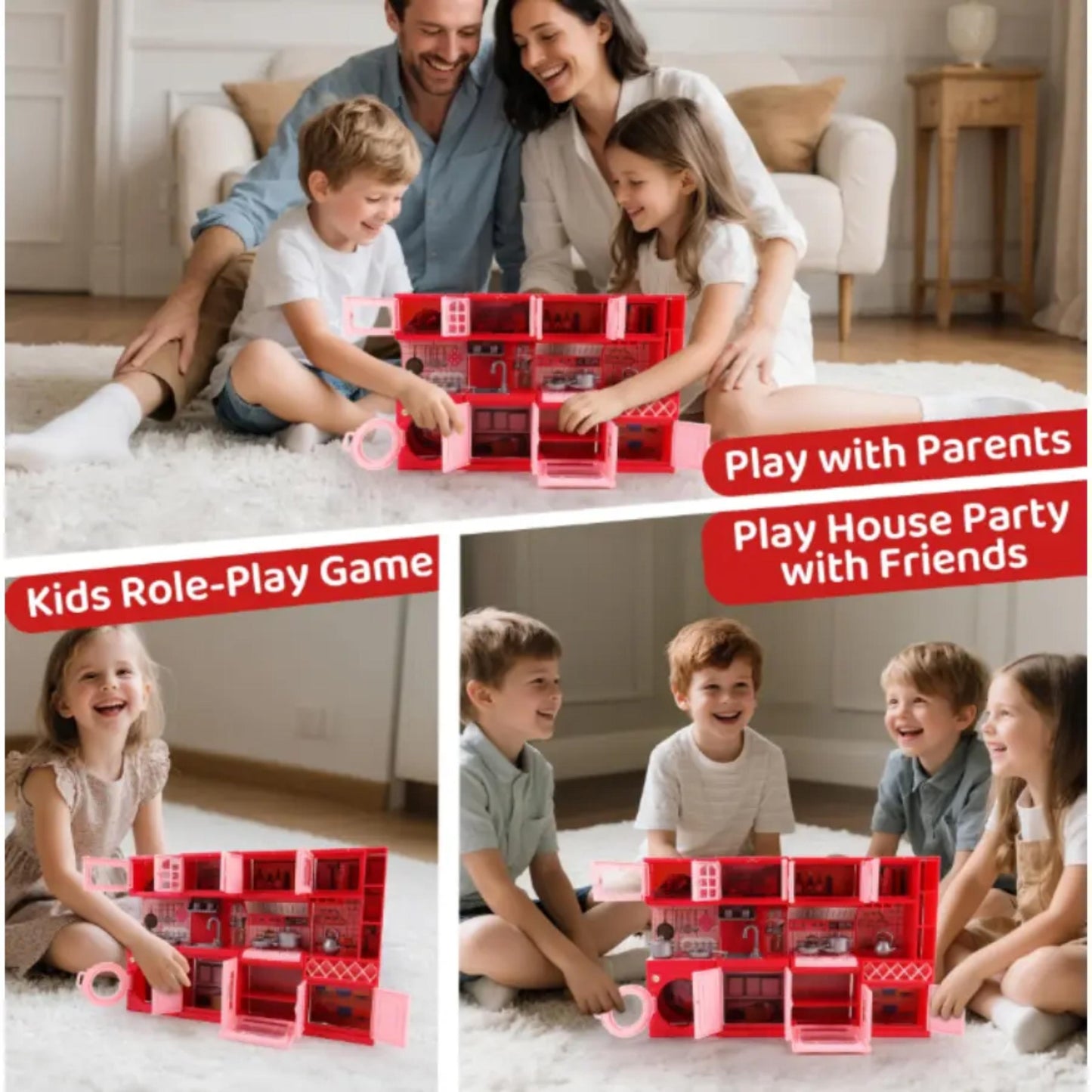 Mini Kitchen Set for Kids 4-in-1 Doll Kitchen House Toy with Cooking Accessories Pretend Play Cooker Multi-Function Portable Kitchen Playset for Children