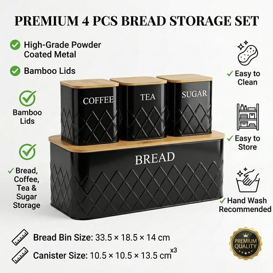 4 Piece Bread Storage & Canister Set Powder Coated Metal Bread Bin with Bamboo Lid Kitchen Containers for Home Organisation