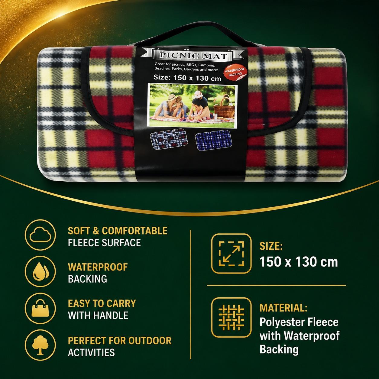 Waterproof Picnic Blanket Mat 150x130cm Foldable Outdoor Fleece Blanket with Carry Handle for Beach Camping BBQ