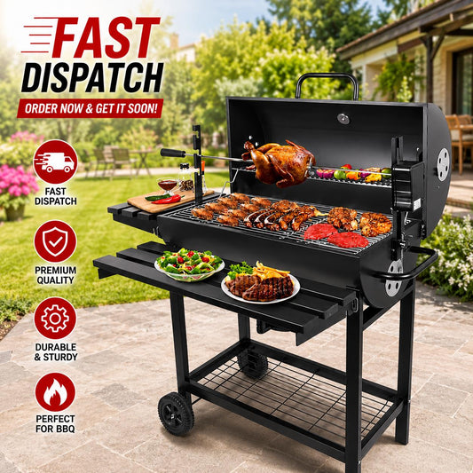 Premium Charcoal BBQ Grill with Rotisserie Spit Roaster – Outdoor Garden Barbecue Cooker for Parties, Camping & Summer Grilling UK