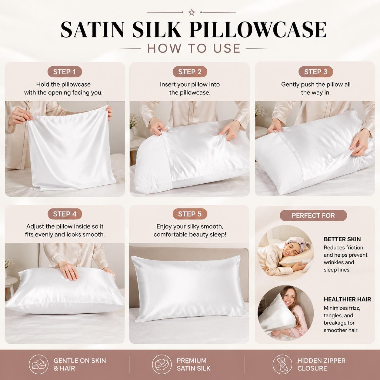 Satin Silk Pillowcases for Hair and Skin 2 Pack Standard Size 50x75cm Envelope Closure Pillow Case