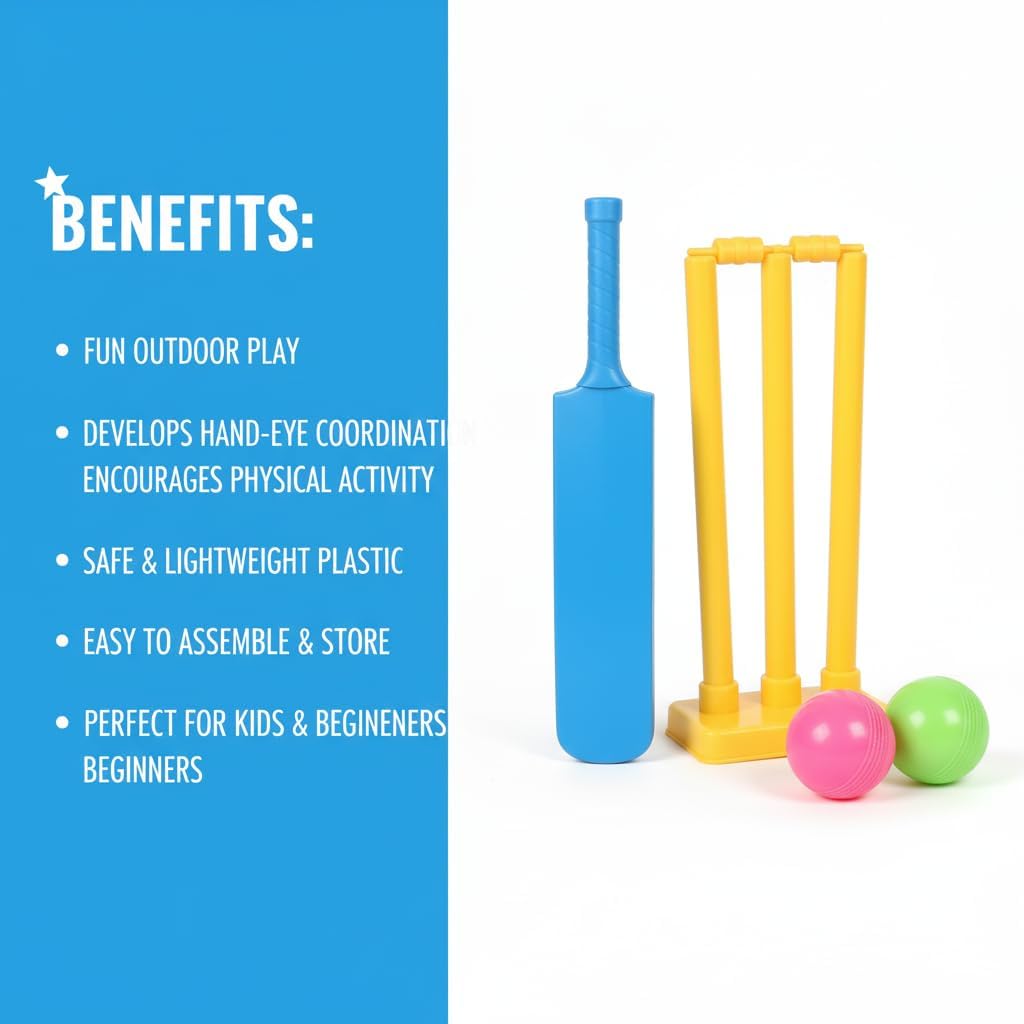 Kids Cricket Set with Plastic Bat, Balls, Stumps & Base | Children's Garden Cricket Toy Set | Indoor & Outdoor Sports Game for Boys & Girls