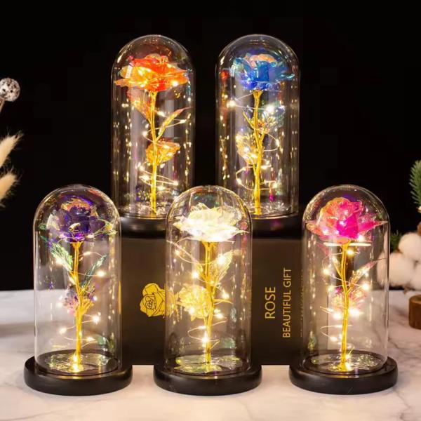 Light Up Artificial Rose in Glass Dome with LED Lights Decorative Flower Display Ornament Random Colour