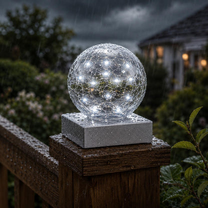2 Pack Solar Crackle Glass Ball Lights Silver Base Outdoor LED Post Deck Cap Garden Pathway Lighting UK