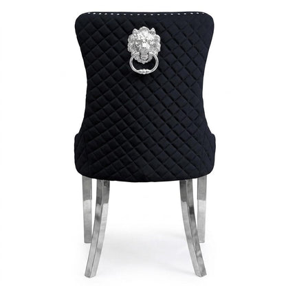 Velvet Dining Chair with Chrome Effect Door Knocker High Back Padded Seat Metal Legs Upholstered Dining Room Chair Single