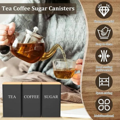 3pc Stackable Kitchen Canister Set – Airtight Tea/Coffee/Sugar Containers with Eco-Friendly Bamboo Lids for Pantry & Cupboard Organisation