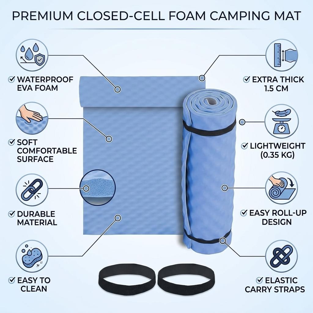 Camping Mat Waterproof EVA Foam Sleeping Mat 180x50x1.5cm Lightweight Roll Up Yoga Exercise Mat with Elastic Straps for Hiking Travel