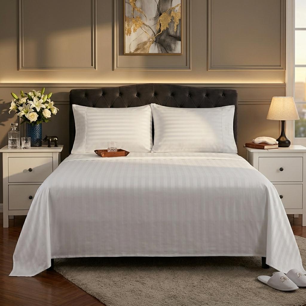 Stripe Flat Sheet 100% Cotton White Bedding Single Double King Super King Soft Breathable Bed Sheet UK
