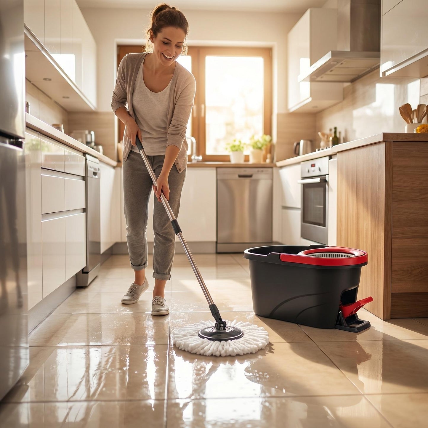 Deluxe Spin Mop and Bucket Set with Stainless Steel Handle Microfibre Mop Heads and Foot Pedal