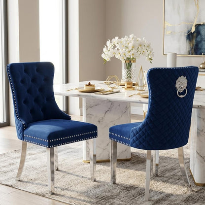 Velvet Dining Chair with Chrome Effect Door Knocker High Back Padded Seat Metal Legs Upholstered Dining Room Chair Single