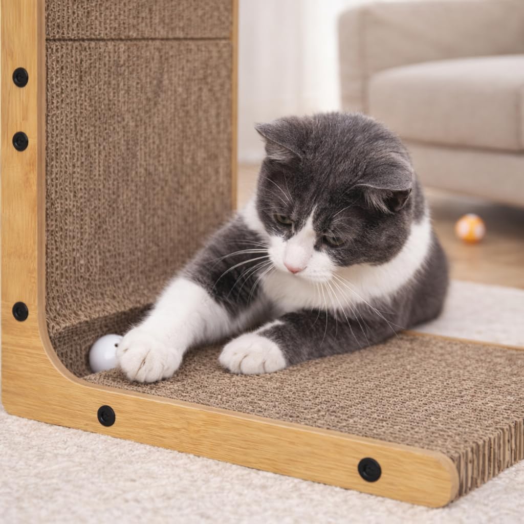 Cat Scratcher L-Shape with Ball Toy Vertical & Horizontal Corrugated Cardboard Scratching Post Wooden Frame Cat Scratch Pad for Indoor Cats