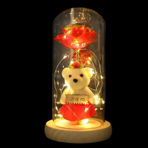 LED Light Up Rose in Glass Dome with Mini Teddy Bear Romantic Gift for Valentine’s Day Birthday Christmas Random Colour