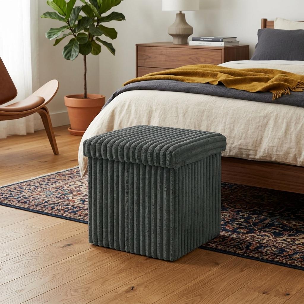 Ribbed Velvet Storage Ottoman Box with Lid Foldable Storage Seat Cube Footstool for Bedroom, Living Room & Hallway 38 x 38 x 38cm 5 Colours