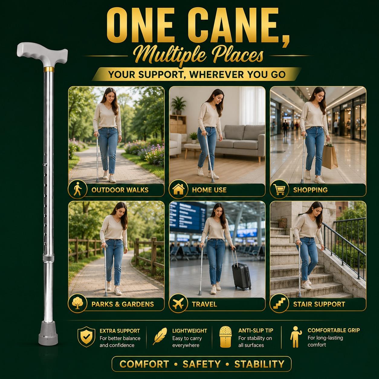Adjustable Aluminium Walking Stick 28–38 Inch Lightweight Walking Cane with Ergonomic Handle & Anti-Slip Rubber Tip