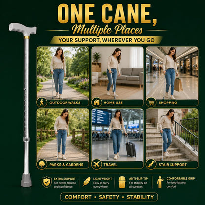 Adjustable Aluminium Walking Stick 28–38 Inch Lightweight Walking Cane with Ergonomic Handle & Anti-Slip Rubber Tip