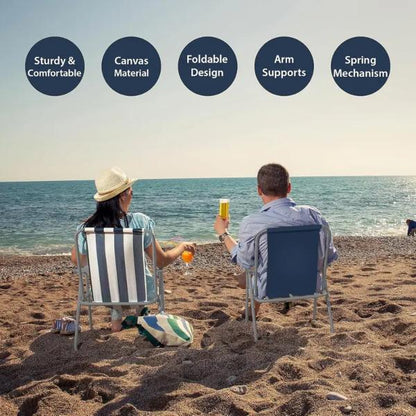 Spring Beach Chair Outdoor Folding Sun Lounger Chair with Armrests Lightweight Portable Garden Deck Chair for Beach, Camping, Fishing, Picnic & BBQ