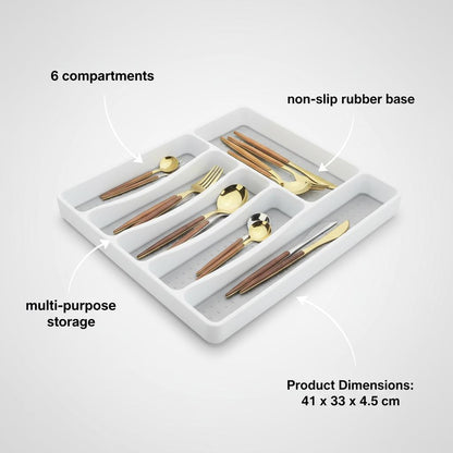 6 Compartment Drawer Organiser Tray – Non-Slip Cutlery & Utensil Storage Box for Kitchen or Office