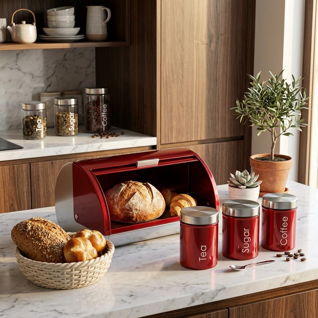 4PC Kitchen Storage Set Red Bread Bin with Tea Coffee Sugar Canisters Stainless Steel Food Containers UK Home Use