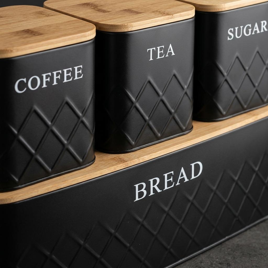 4 Piece Bread Storage & Canister Set Powder Coated Metal Bread Bin with Bamboo Lid Kitchen Containers for Home Organisation