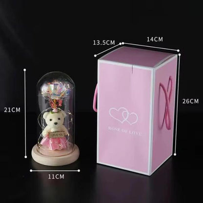 LED Light Up Rose in Glass Dome with Mini Teddy Bear Romantic Gift for Valentine’s Day Birthday Christmas Random Colour