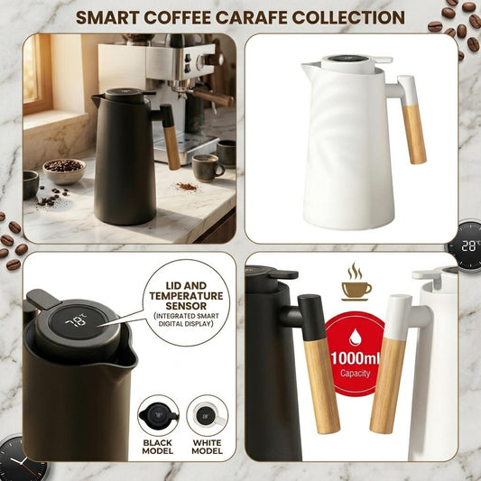 1L Smart Vacuum Jug with LCD Temperature Display, Insulated Thermal Flask, Glass Liner, Wooden Handle, Hot & Cold Beverage Jug