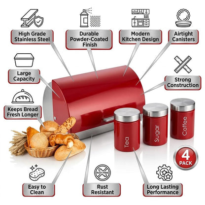 4PC Kitchen Storage Set Red Bread Bin with Tea Coffee Sugar Canisters Stainless Steel Food Containers UK Home Use