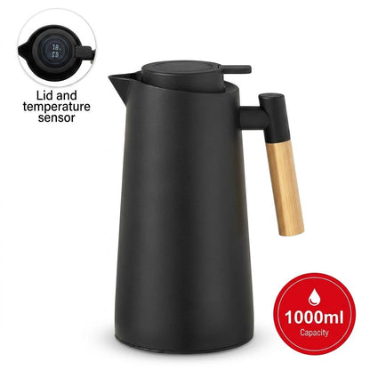 1L Smart Vacuum Jug with LCD Temperature Display, Insulated Thermal Flask, Glass Liner, Wooden Handle, Hot & Cold Beverage Jug