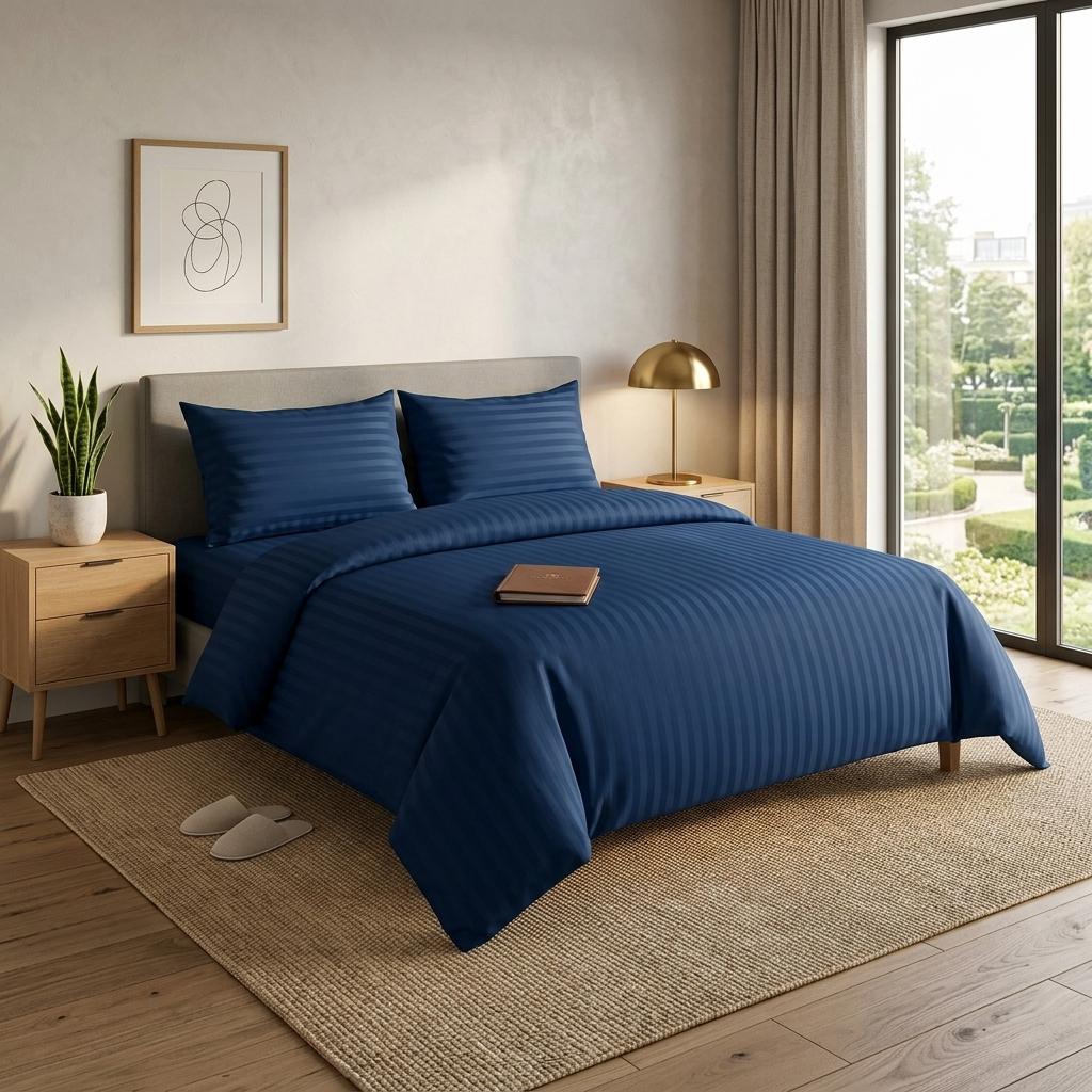 Premium Hotel Quality PolyCotton Satin Stripe Duvet Cover Set with Pillowcases Quilt Bedding Soft Easy Care Luxury Bed Linen