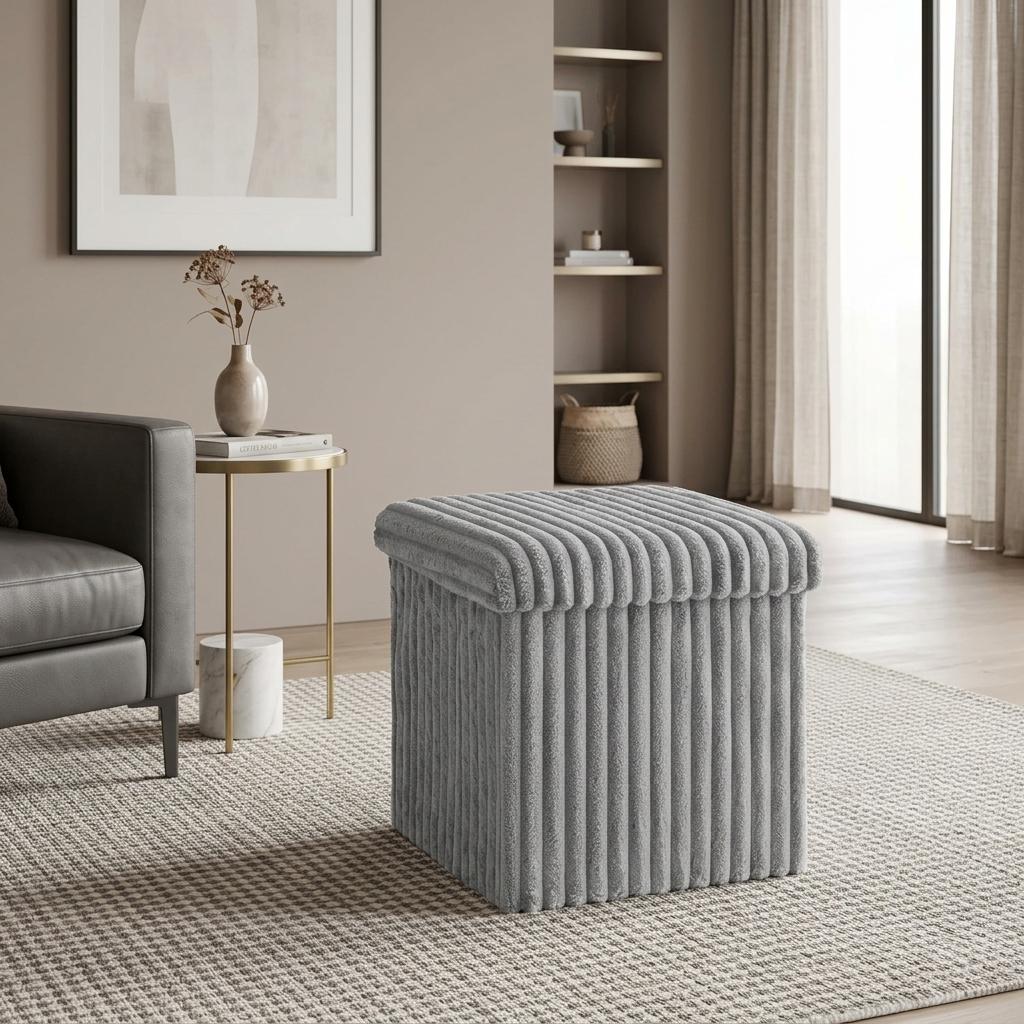 Ribbed Velvet Storage Ottoman Box with Lid Foldable Storage Seat Cube Footstool for Bedroom, Living Room & Hallway 38 x 38 x 38cm 5 Colours