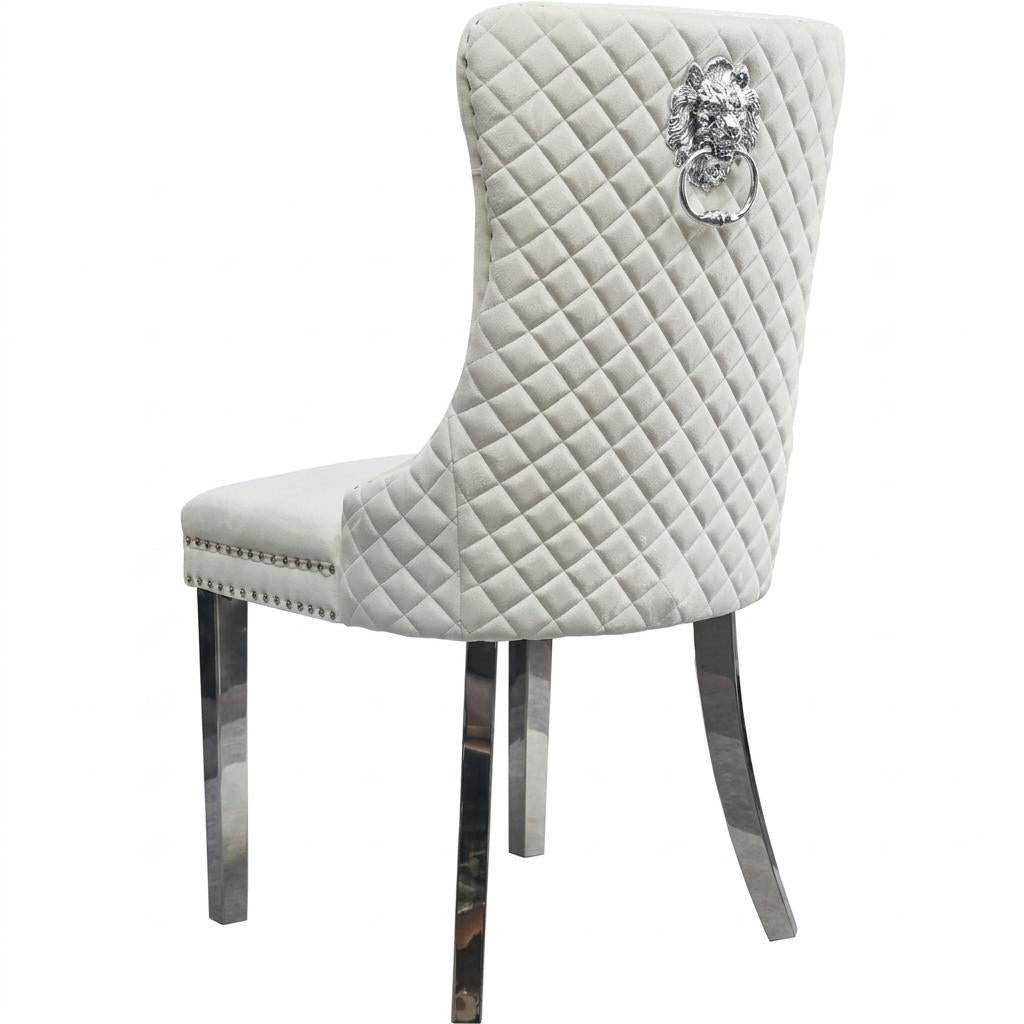 Velvet Dining Chair with Chrome Effect Door Knocker High Back Padded Seat Metal Legs Upholstered Dining Room Chair Single