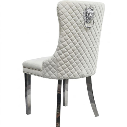 Velvet Dining Chair with Chrome Effect Door Knocker High Back Padded Seat Metal Legs Upholstered Dining Room Chair Single