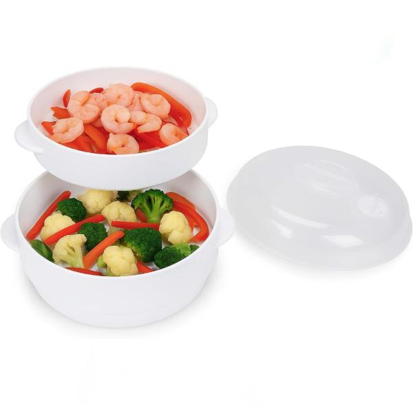 2 Tier Microwave Vegetable  Cookware Steamer with Lid Healthy Rice Pasta Cooker Pot BPA-Free Food Steaming Container