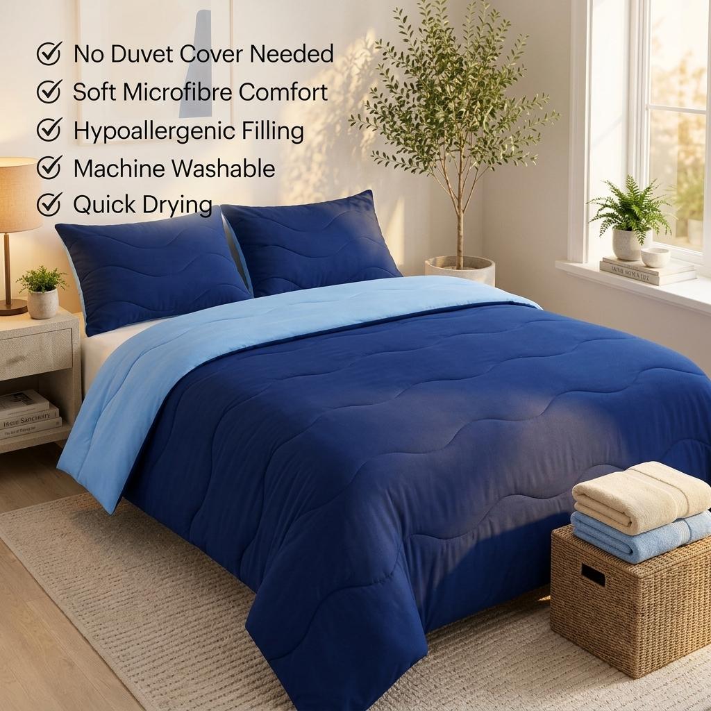10.5 Tog Coverless Reversible Microfiber Duvet Set With Pillowcase – Single, Double, King – Soft, Breathable and Lightweight All-Season Quilt with Pillowcase – Machine Washable Bedding