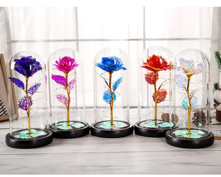 Light Up Artificial Rose in Glass Dome with LED Lights Decorative Flower Display Ornament Random Colour
