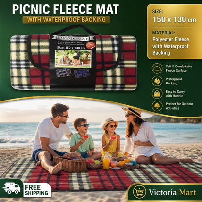 Waterproof Picnic Blanket Mat 150x130cm Foldable Outdoor Fleece Blanket with Carry Handle for Beach Camping BBQ